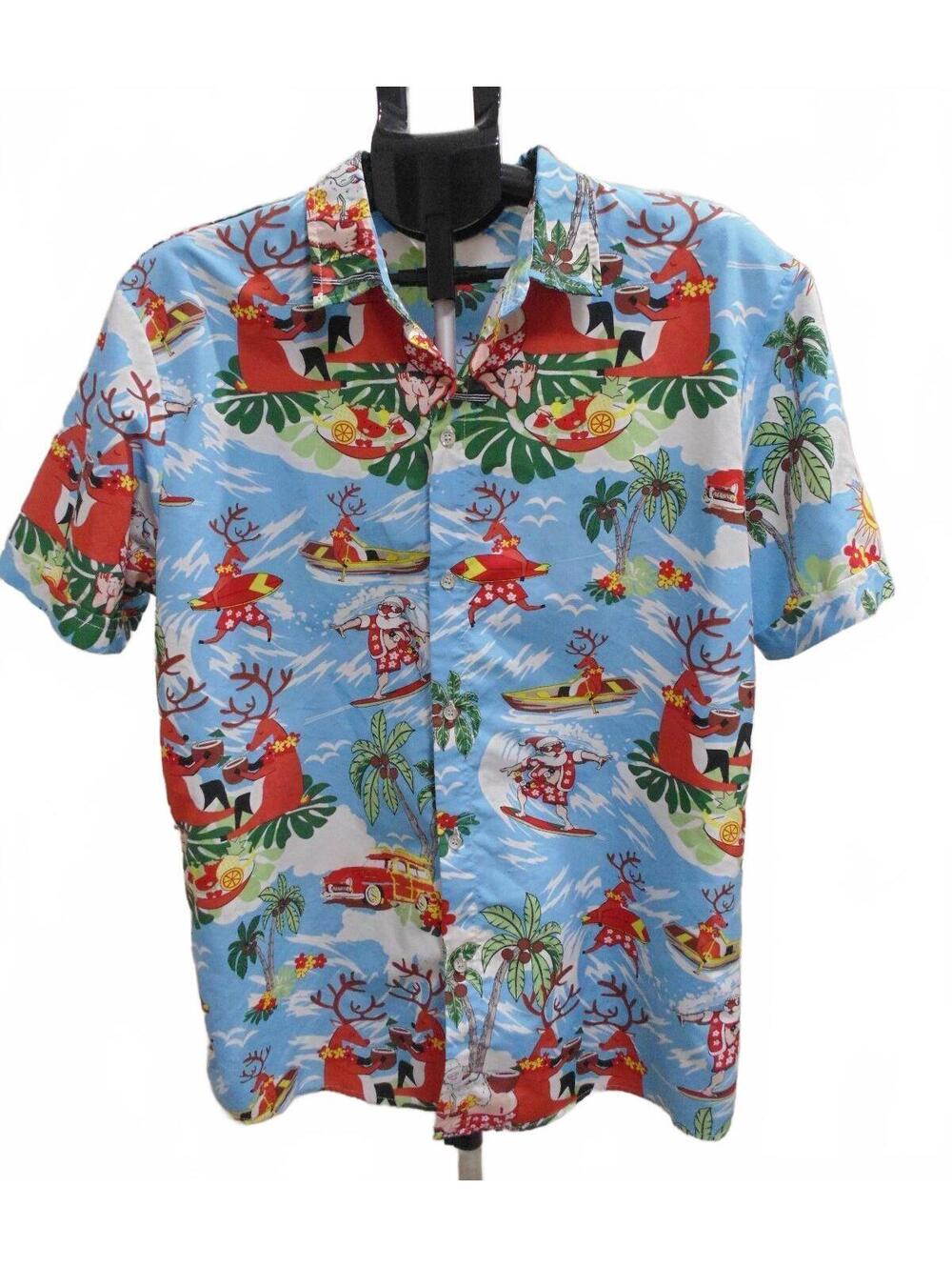 SSLR Men's Hawaiian Shirt Surfing Santa Reindeer Christmas Short Sleeve  Sz L